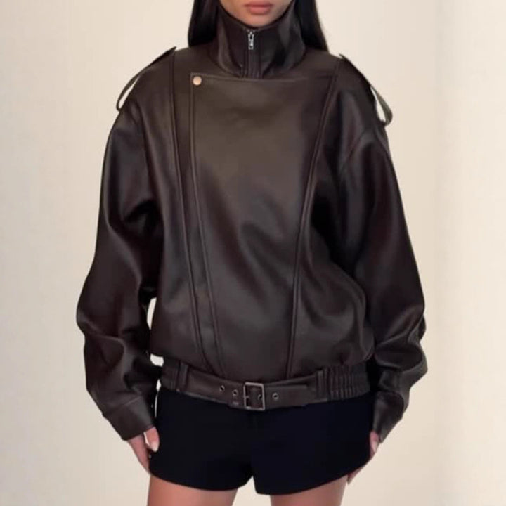 Damen Oversized Kunstlederjacke mit hohem Kragen und voluminösen Ärmeln Drune