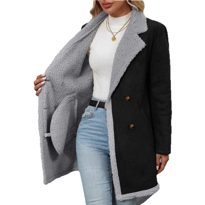 Damen Modische Oversized-Jacke mit Teddyfutter und doppelter Knopfleiste Drune