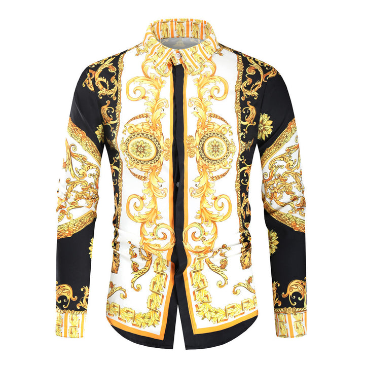 Herren nan barockes Langarm-Hemd mit ornamentalem Druck, Kentkragen und tailliertem Schnitt Drune