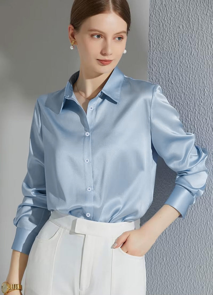 Damen Luxus Satin-Bluse mit elegantem Kragen und weichen Ärmeln Drune