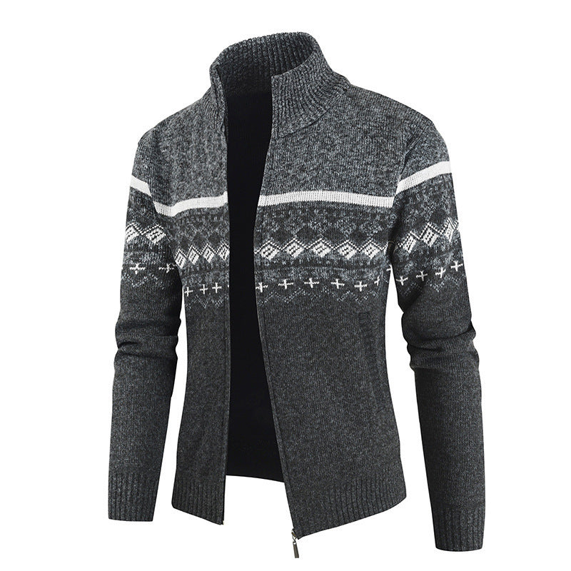 Herren Strickjacke mit Wintermuster und hohem Stehkragen Drune