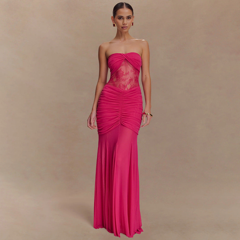 Damen Glamouröses Abendkleid mit Spitzenakzenten und figurbetonter Raffung Drune