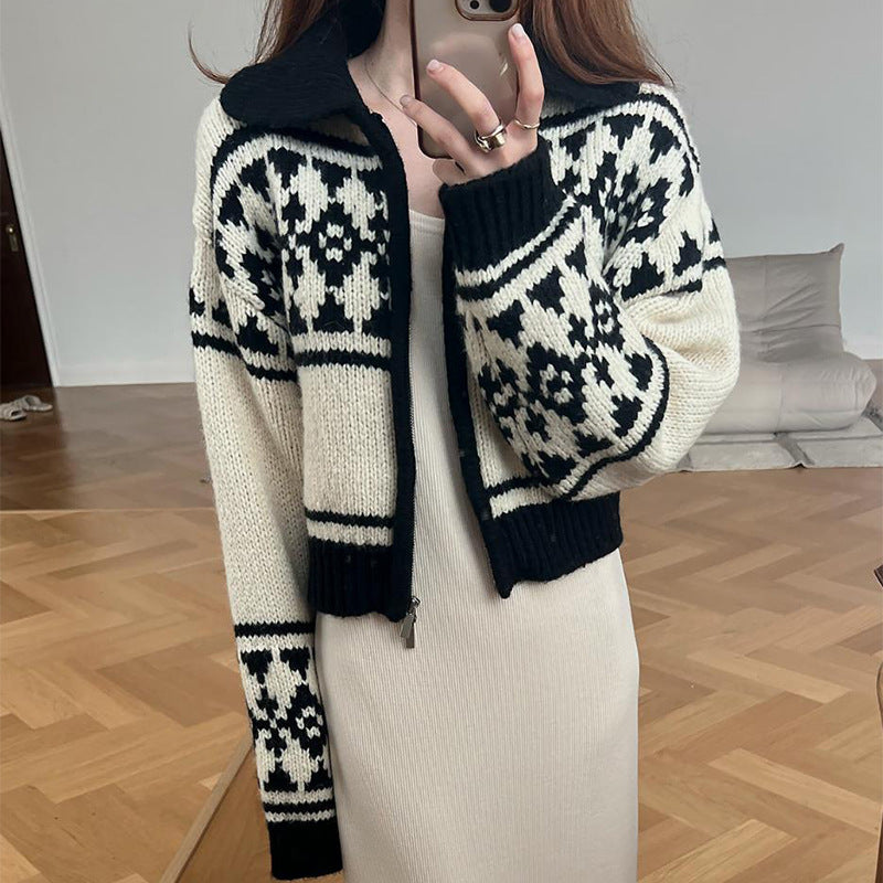 Damen Strickjacke mit floralem Muster und komfortablem Stehkragen Drune