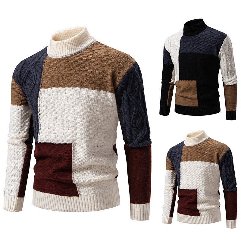 Herren modischer Rollkragenpullover mit modernem Zopfmuster und Farbblockdesign Drune