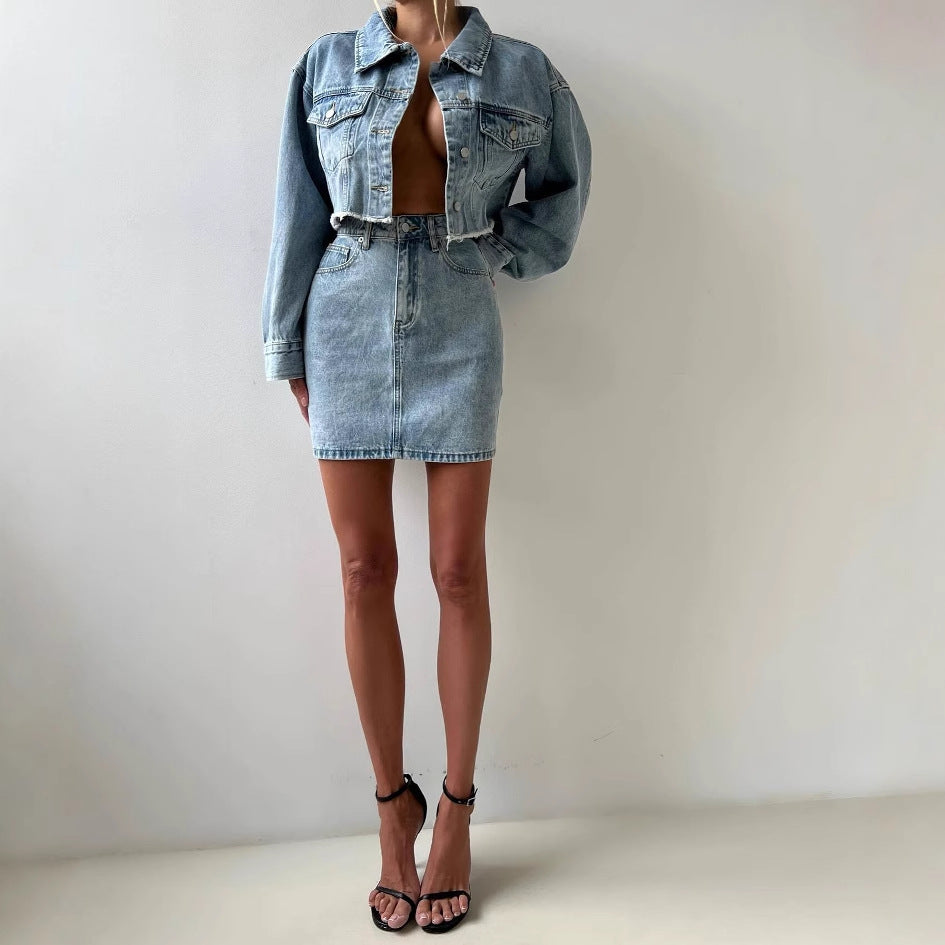 Damen Denim Jacke und Bleistiftrock Set Drune