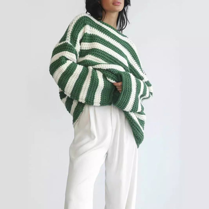 Damen lässiger gehäkelter Pullover mit modernen Blockstreifen Drune