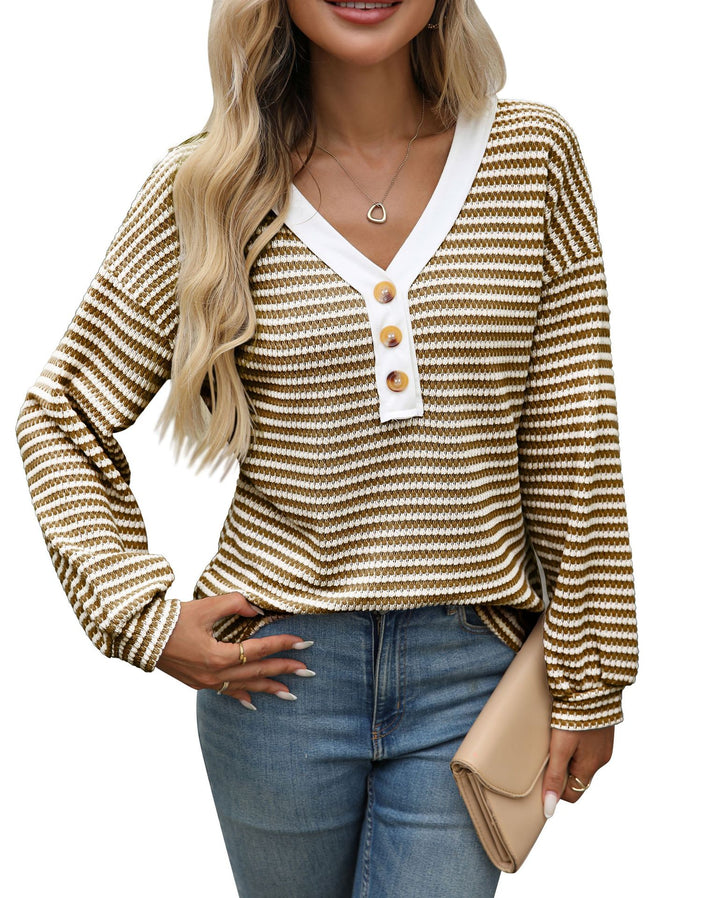 Damen lässiges V-Ausschnitt Langarmshirt mit Knopfdetails Drune