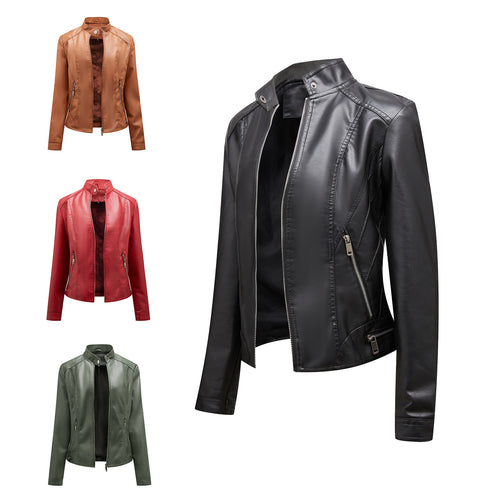 Damen modische Kunstlederjacke mit elegantem Stehkragen und praktischen Reißverschlusstaschen Drune
