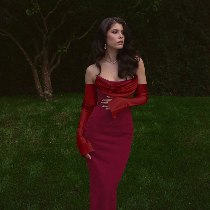 Damen Langarm Abendkleid mit elegantem Wasserfall-Ausschnitt und figurbetontem Schnitt Drune