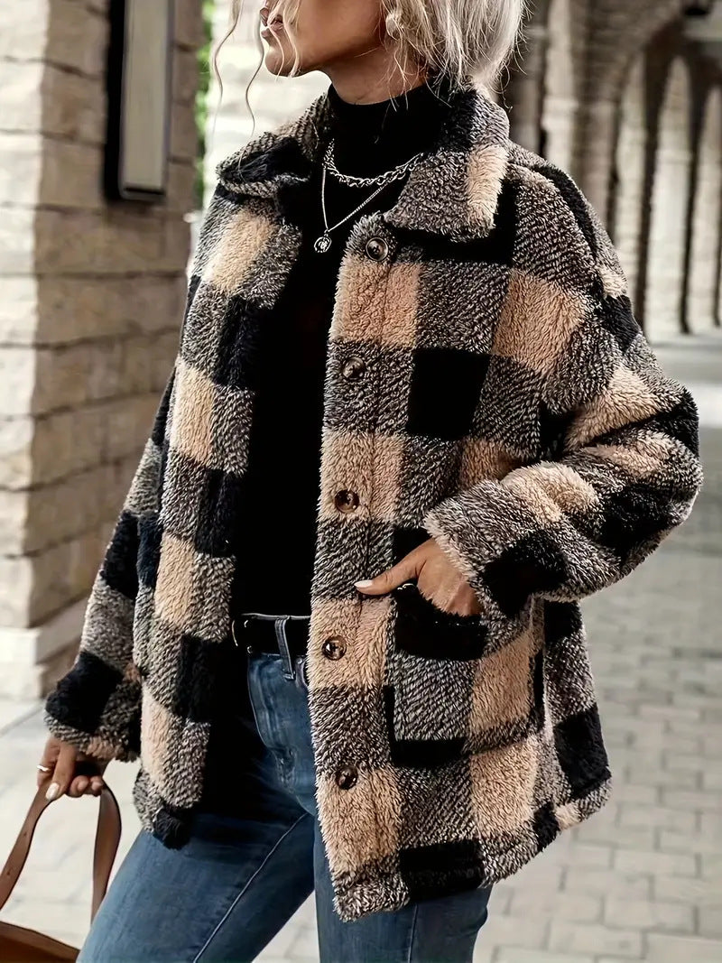 Damen Kuschelige Karofleecejacke im Casual-Stil Drune