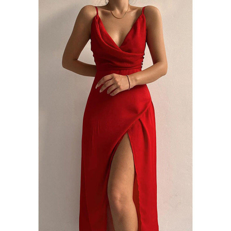 Damen Elegantes Hohe Schlitz Satin Maxi Kleid Drune