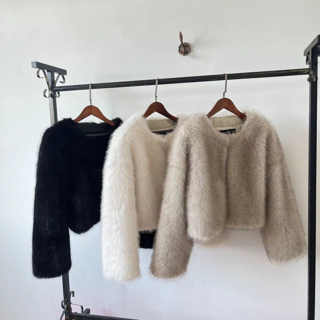 Damen Fuzzy Faux Fur Jacke Drune