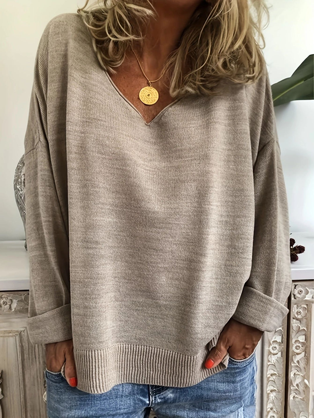 Damen lässiger V-Ausschnitt Pullover mit mittellanger Passform Drune