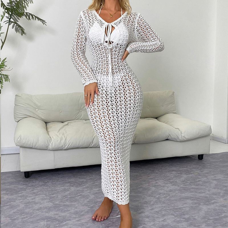 Damen luftiges Häkel-Strandkleid mit V-Ausschnitt und Schnüroptik Drune