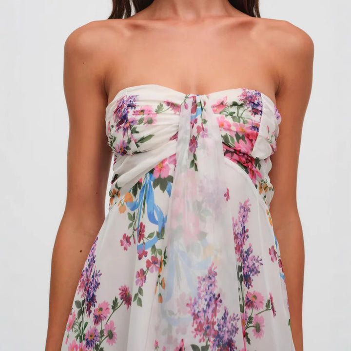 Damen nan trägerloses Chiffon-Sommerkleid mit Blumenmuster Bandeau-Oberteil und Volantbesatz Drune