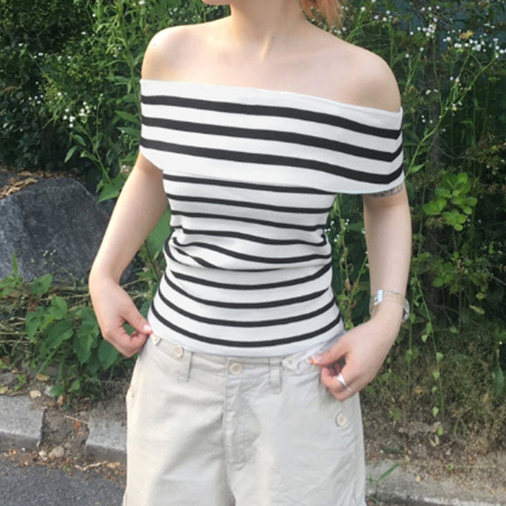 Damen Off-Shoulder Oberteil mit gestreiftem Design und breitem Kragen Drune