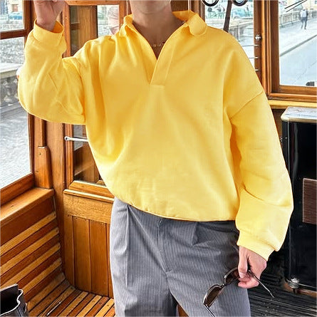 Unisex nan locker geschnittener V-Ausschnitt-Sweatpullover mit Hemdkragen aus Baumwollfleece Drune