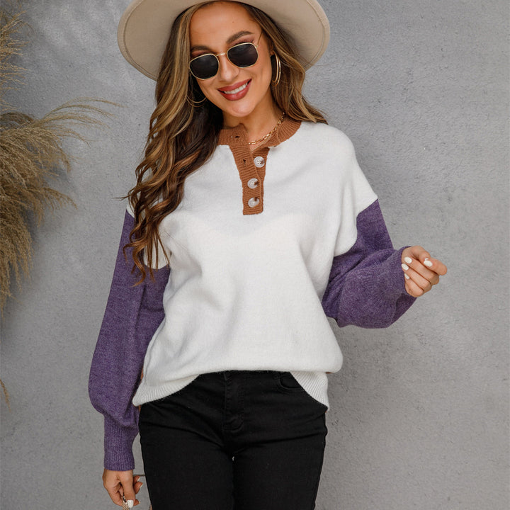 Damen lässiger Pullover mit Knopfleiste und kontrastierenden Ärmeln Drune