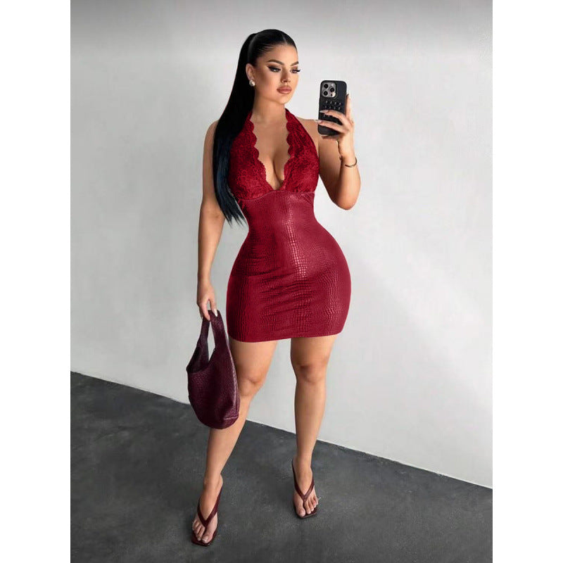 Damen Elegantes Bodycon-Kleid mit Spitzendetails und tiefem V-Ausschnitt Drune