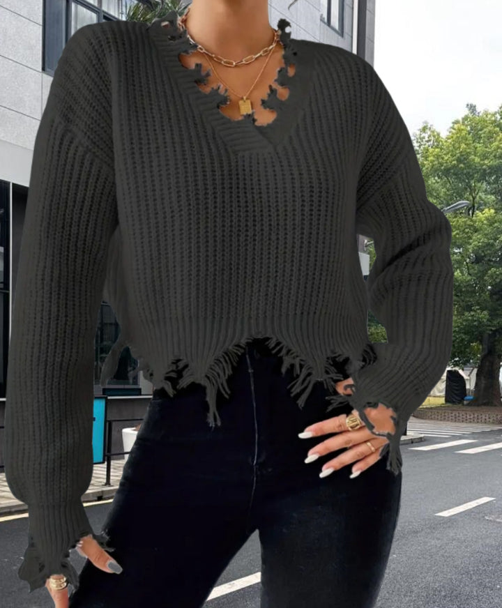 Damen Oversized Strickpullover mit fransigem Saum und raffiniertem Ausschnitt Drune