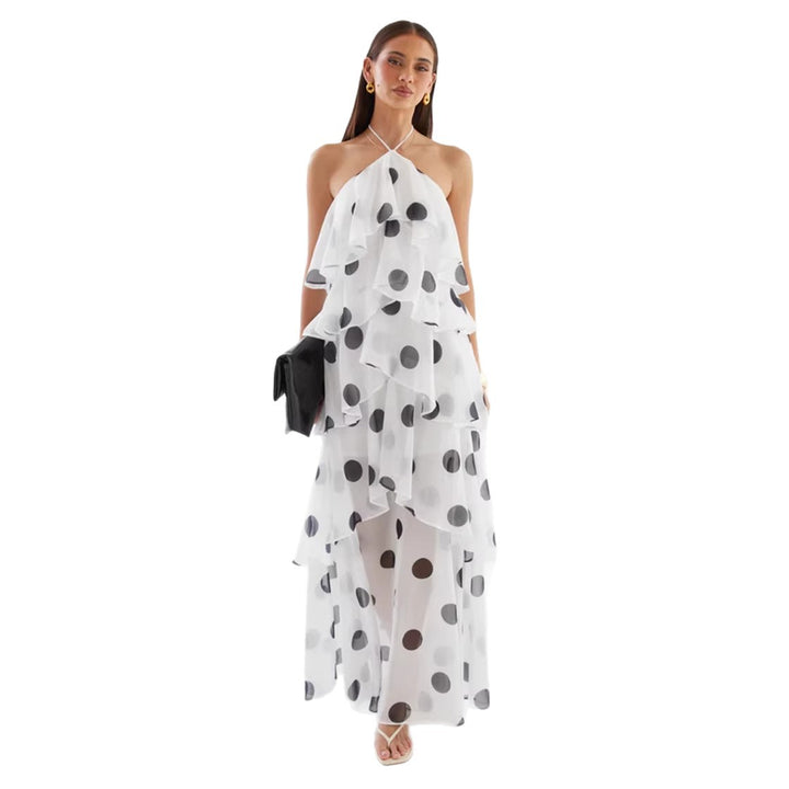 Damen Maxikleid mit schwingenden Volants und modernen Punkten Drune