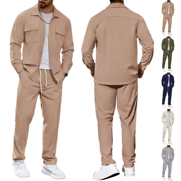 Herren nan lässiger Zweiteiler Hemdjacke mit aufgesetzten Brusttaschen und Kordelzughose Drune