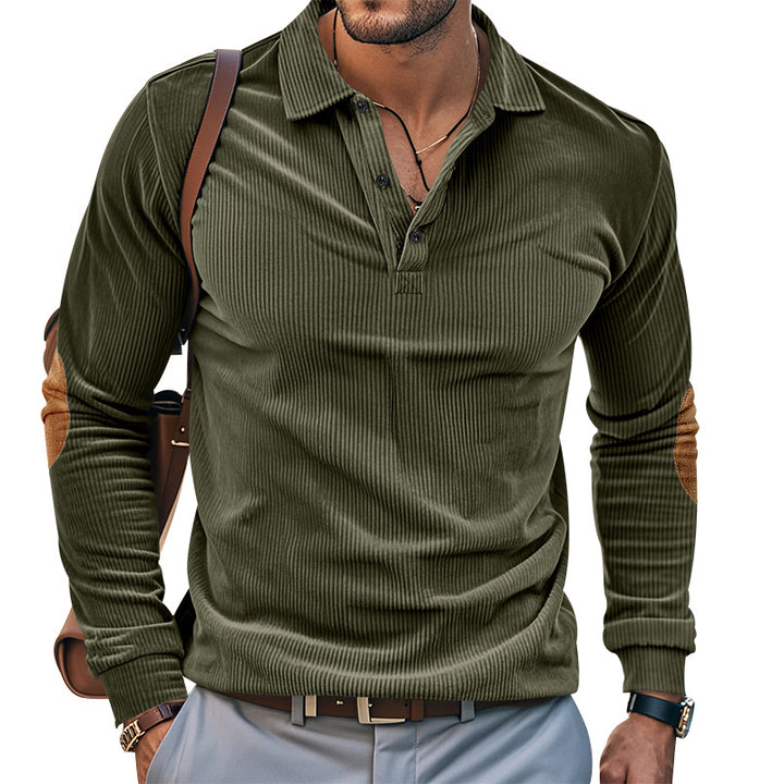 Herren lässiges Langarm-Henley-Shirt mit strukturiertem Rippenstoff und kontrastierenden Ellbogenpatches Drune