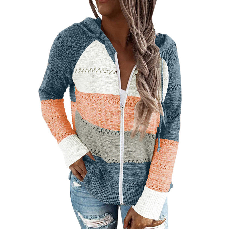 Damen lässige Strickjacke mit Kapuze und dekorativem Lochmuster Drune