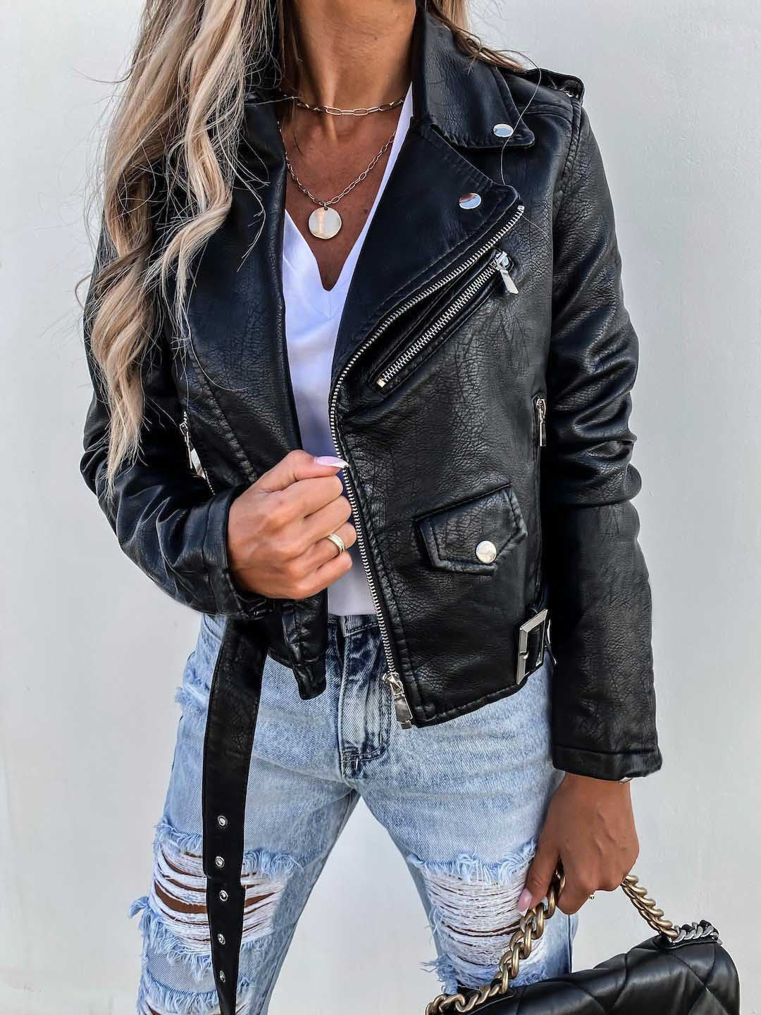 Drune-PU-Ledermantel Kurzer Reißverschluss-Jacke