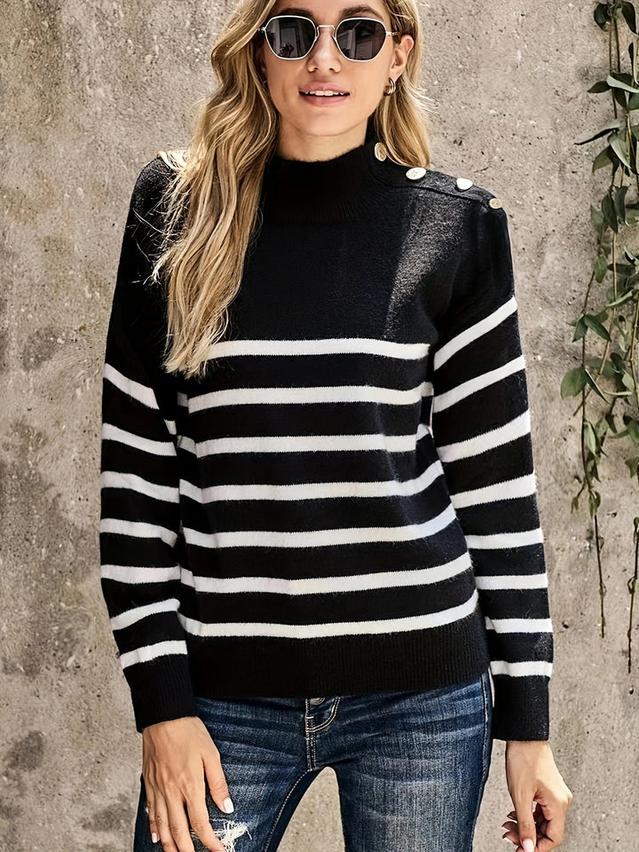 Drune | Gestreifter Strickpullover - Mock Neck - Schulterknopf-Akzent - Langarm-Lässige Passform