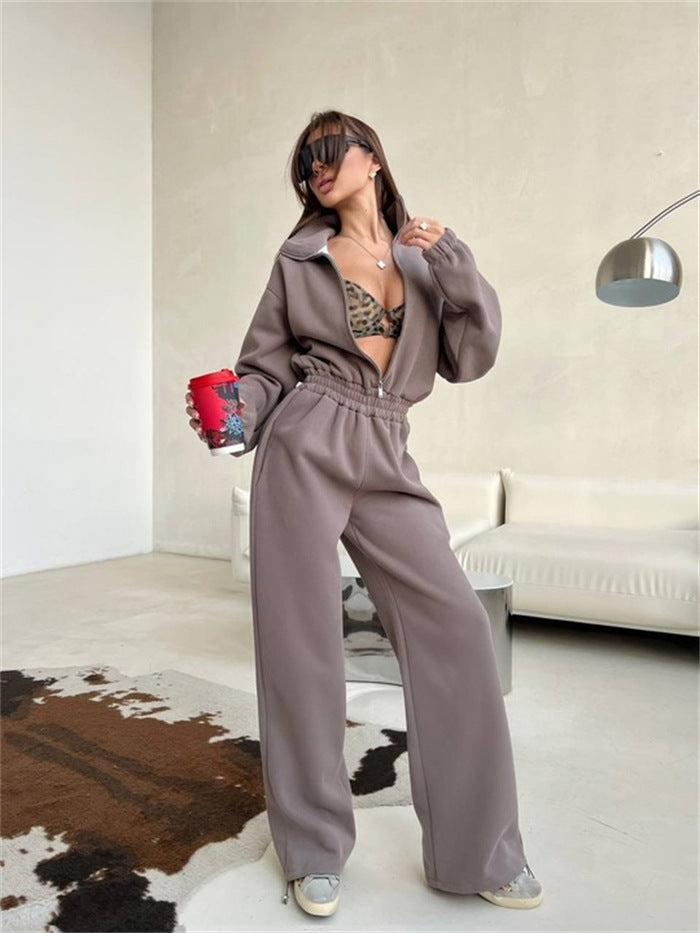 Damen Fleece-Langarm-Set mit hohem Kragen und weitem Schnitt Drune