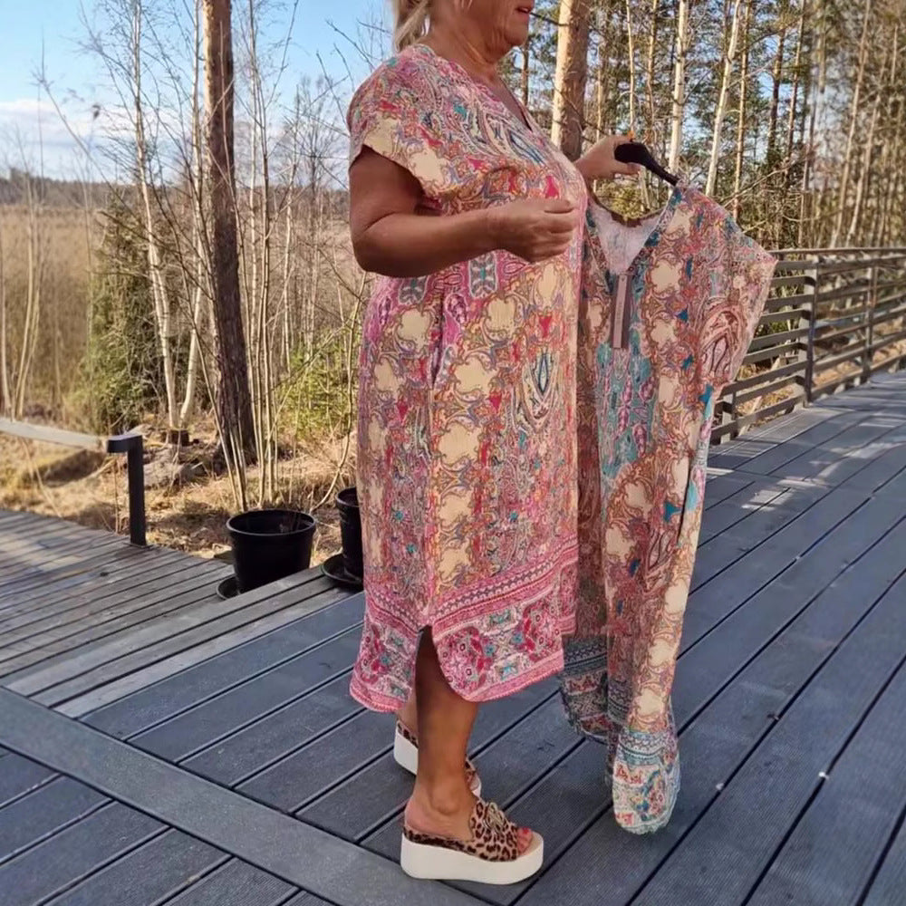 Damen nan luftiges V-Ausschnitt-Kleid im Paisley-Print mit Eingrifftaschen und passendem Pareo Drune