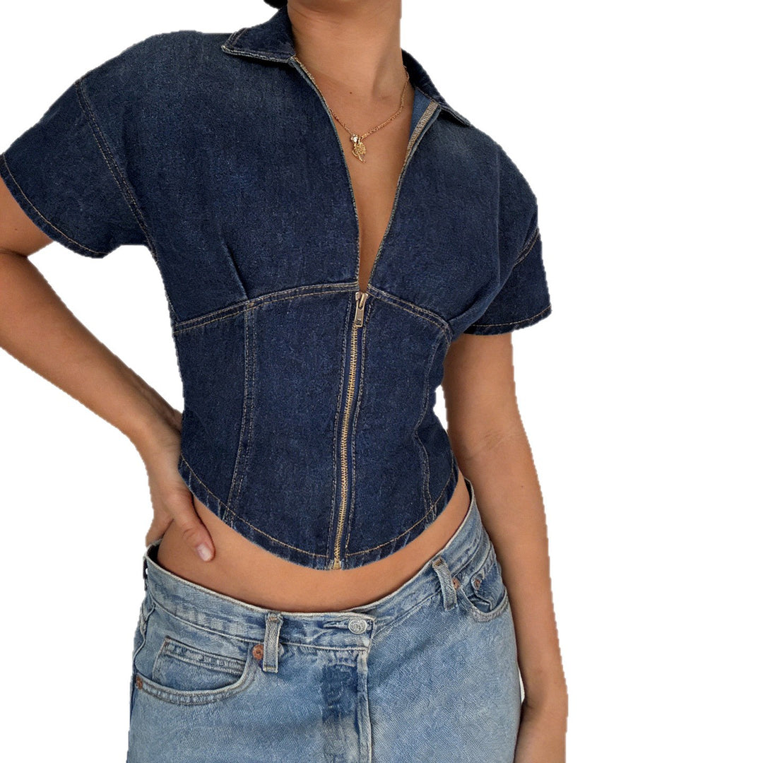 Damen Kurzarm Denim-Jacke mit teilbarem Reißverschluss und modischem Schnitt Drune