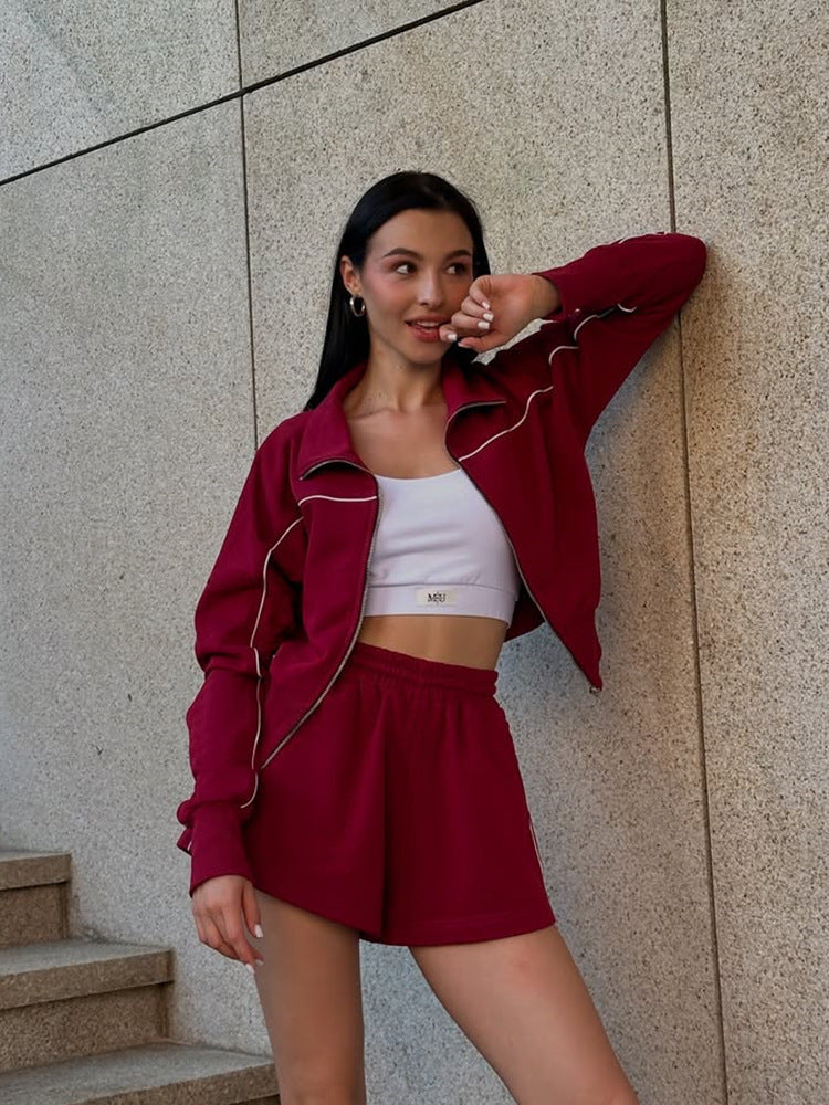 Damen nan athletischer Zweiteiler mit formendem Sportbustier, taillierter Highwaist-Sweatshorts und Zip-Hoodie Drune