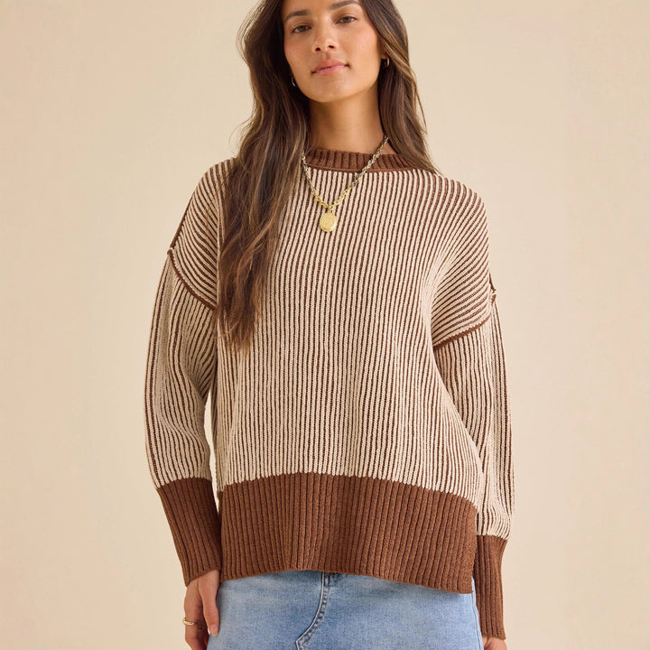 Damen lässiger Strickpullover mit modernem Rippenmuster und überschnittenen Schultern Drune