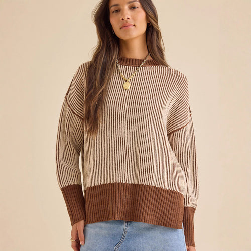 Damen lässiger Strickpullover mit modernem Rippenmuster und überschnittenen Schultern Drune