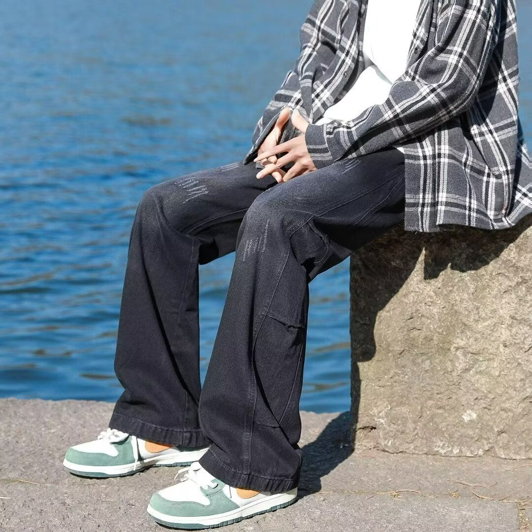 Herren lässige High-Waist Jeans mit weitem Schnitt und Kordelzug Drune