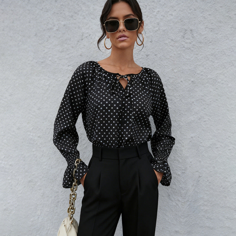 Damen Bluse mit verspieltem Punktedesign und eleganter Schnürung Drune