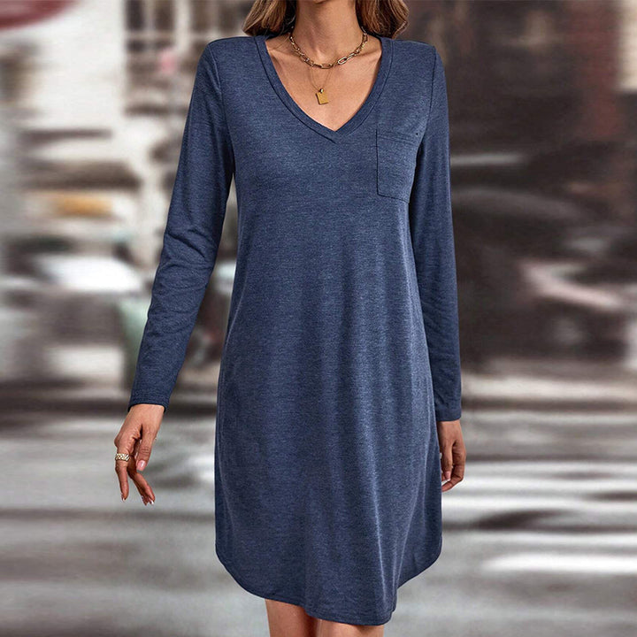 Damen lässiges V-Ausschnitt Kleid mit langen Ärmeln und Taschen Drune