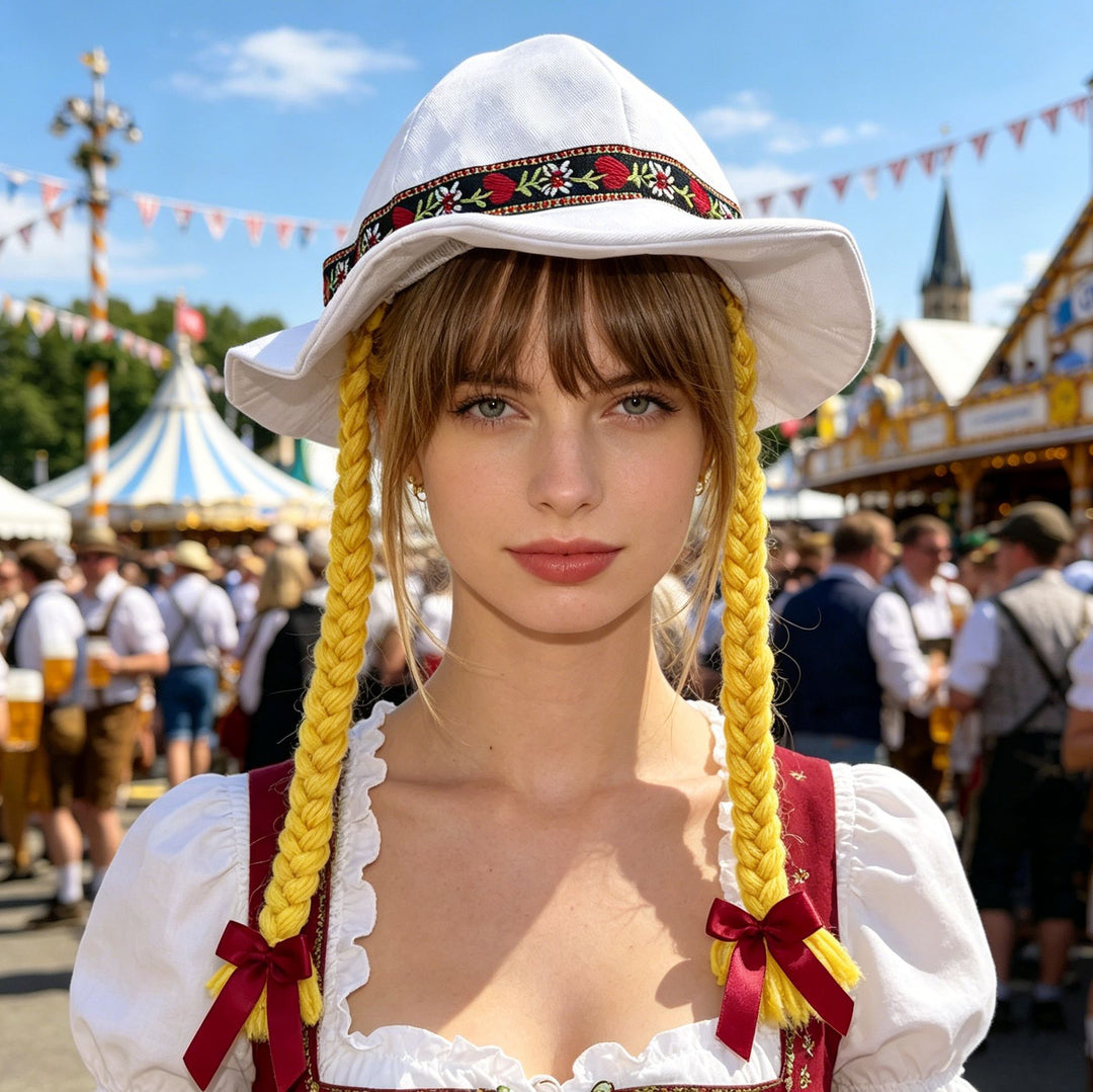 Damen nan folklorischer Sonnenhut mit dekorativem besticktem Band und langen geflochtenen Zöpfen Drune
