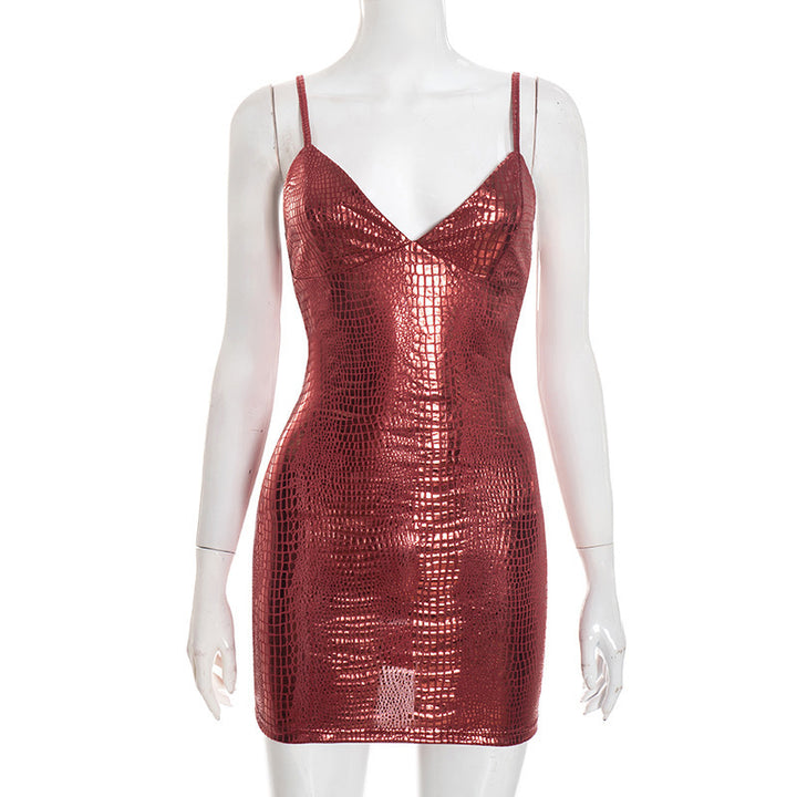 Damen Mini-Kleid mit glänzender Krokodil-Optik und Spaghetti-Trägern Drune