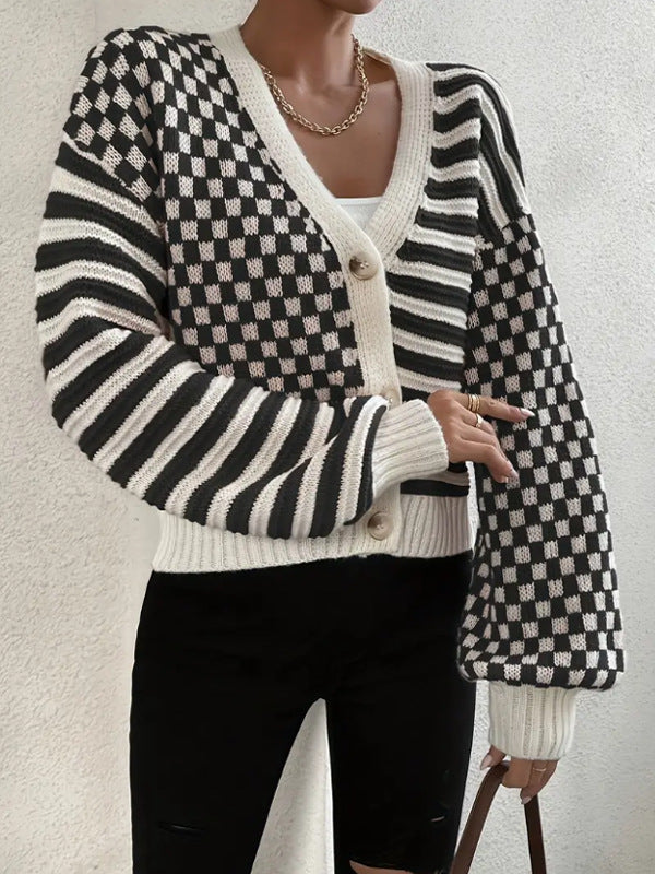Damen Kuschelige Strickjacke mit kariertem Design und breiten Ärmeln Drune