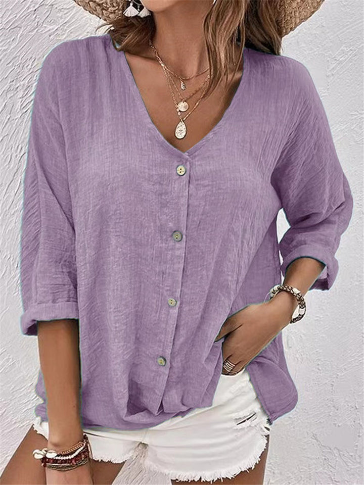 Damen lässige Bluse mit Knopfleiste und V-Ausschnitt Drune