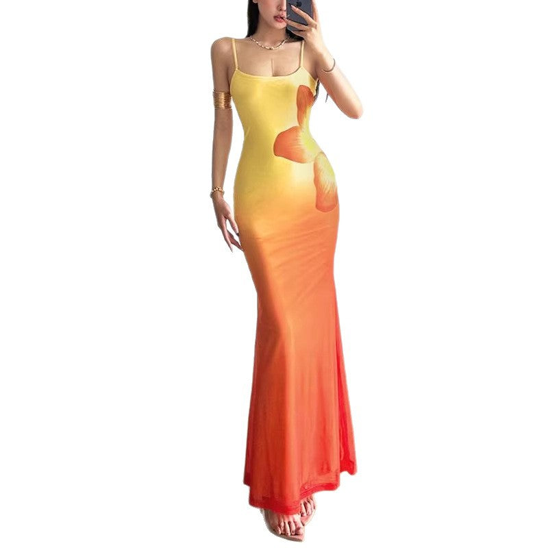 Damen figurbetontes Abendkleid mit Spaghettiträgern und Farbverlauf Drune
