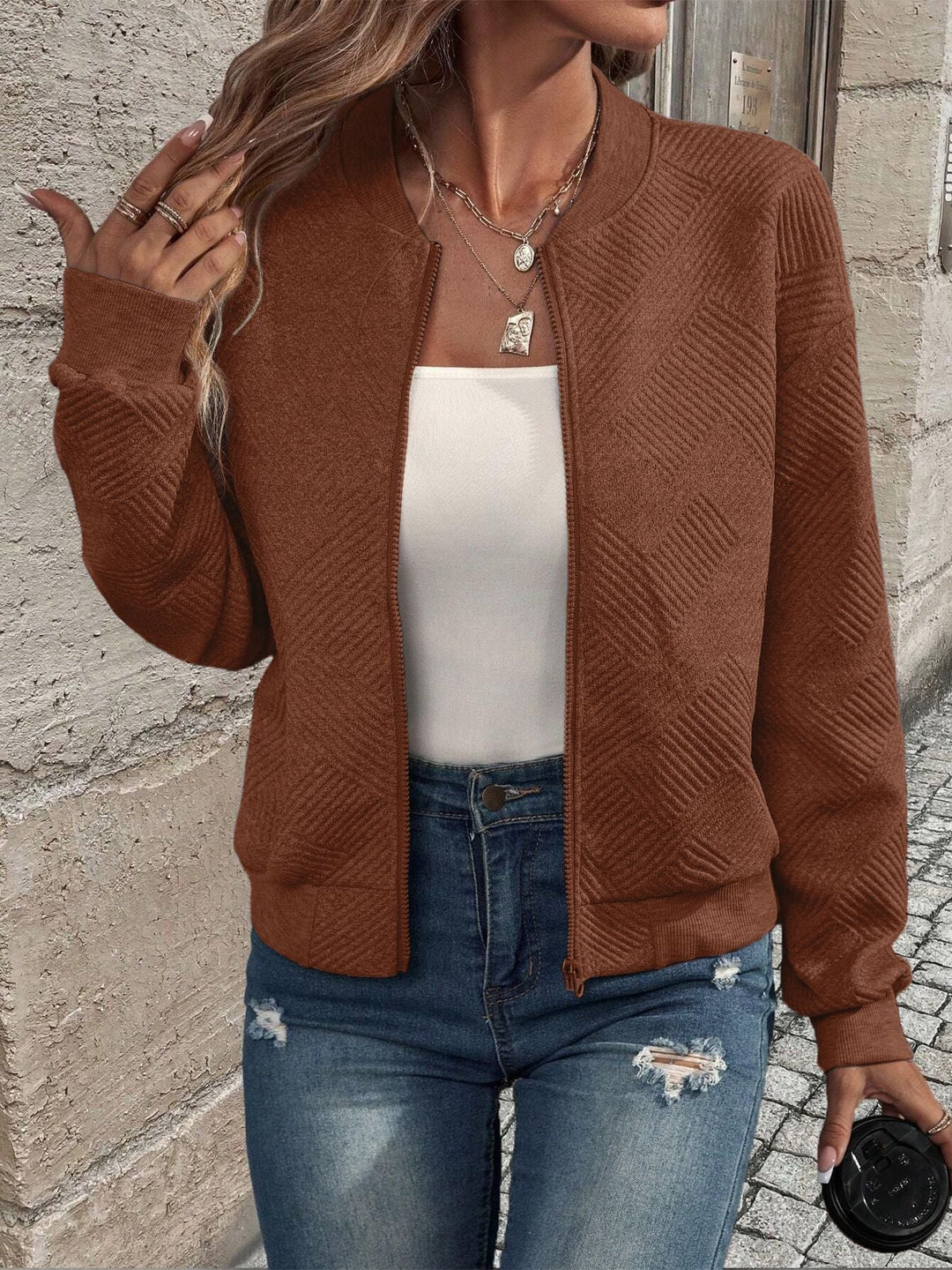 Drune | Cardigan - Damen Herbst Zip-Up Texturierter Cardigan mit Rippbund
