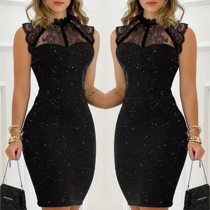 Damen Abendkleid mit exklusivem Spitzenkragen und schimmernden Akzenten Drune