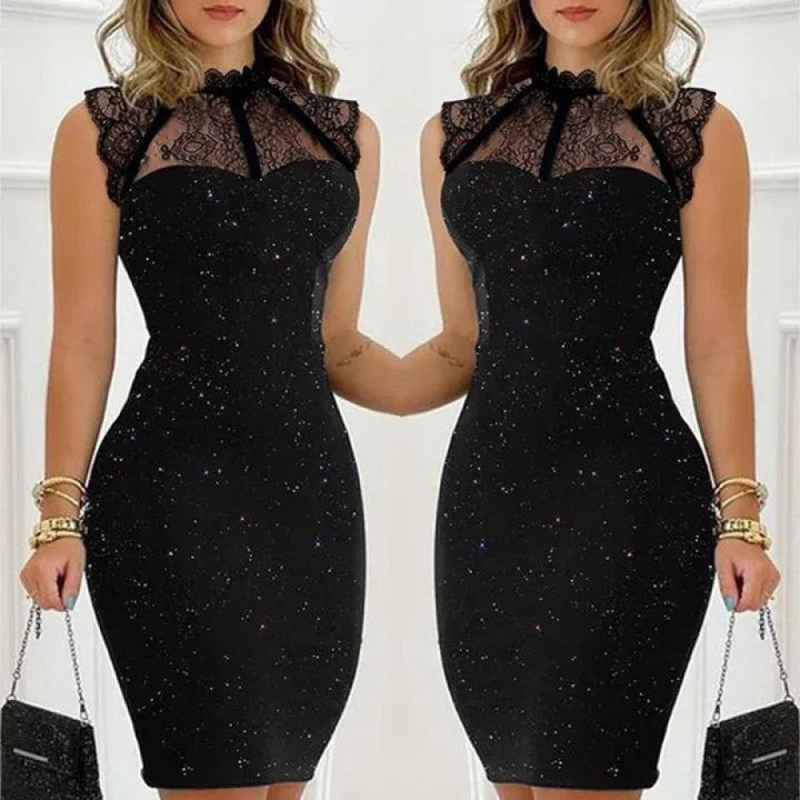 Damen Abendkleid mit exklusivem Spitzenkragen und schimmernden Akzenten Drune