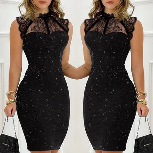 Damen Abendkleid mit exklusivem Spitzenkragen und schimmernden Akzenten Drune