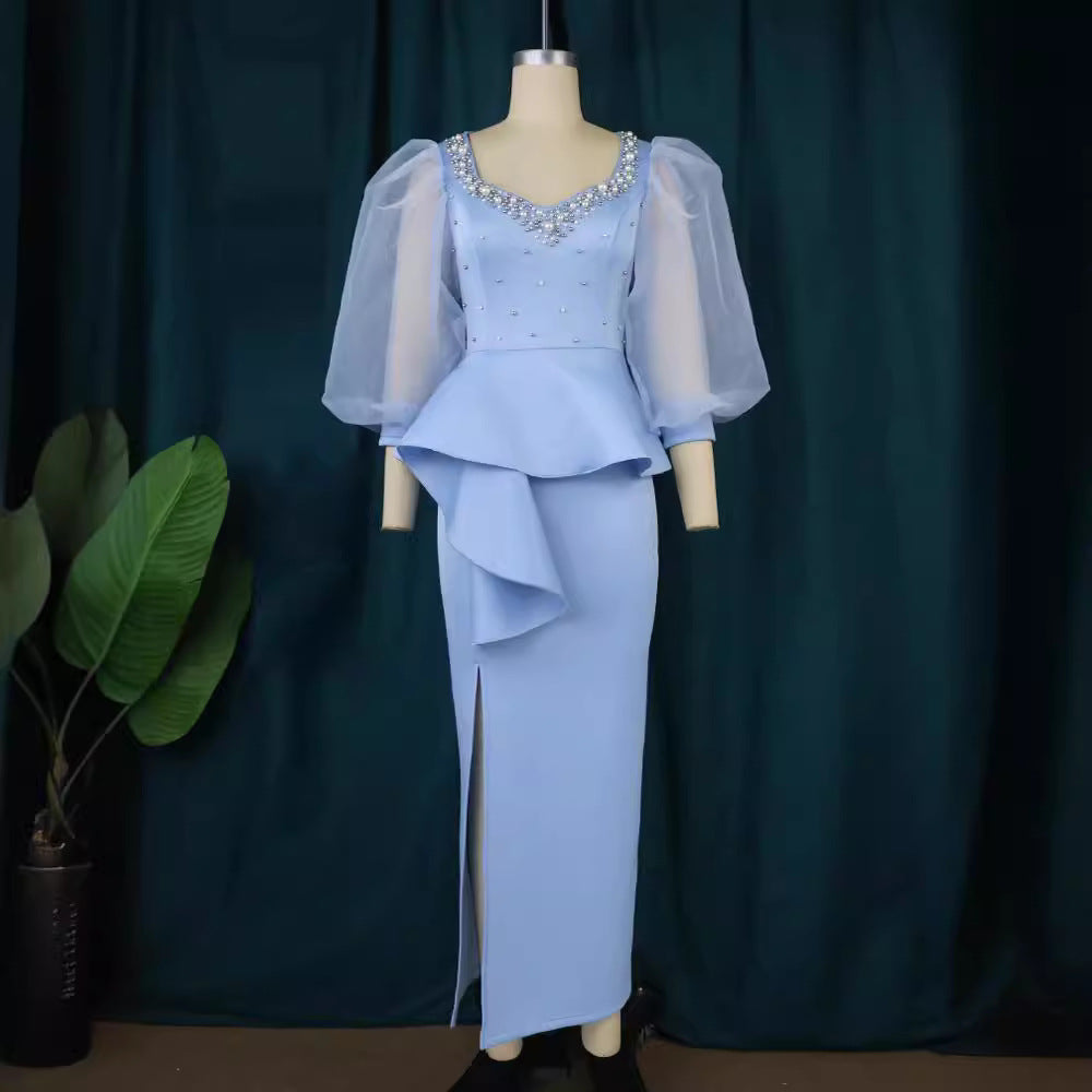Damen Elegantes Abendkleid mit funkelnden Perlen und voluminösen Tüllärmeln Drune