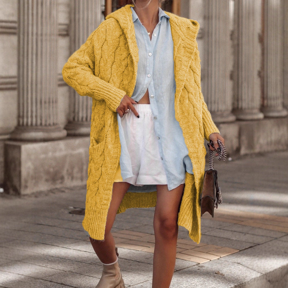 Damen Grobstrickjacke mit Kapuze und Zopfmuster Drune